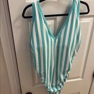 Kona Sol Aqua and White Striped Swimsuit